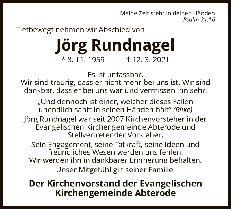  Traueranzeige für Jörg Rundnagel vom 19.03.2021 aus WRS