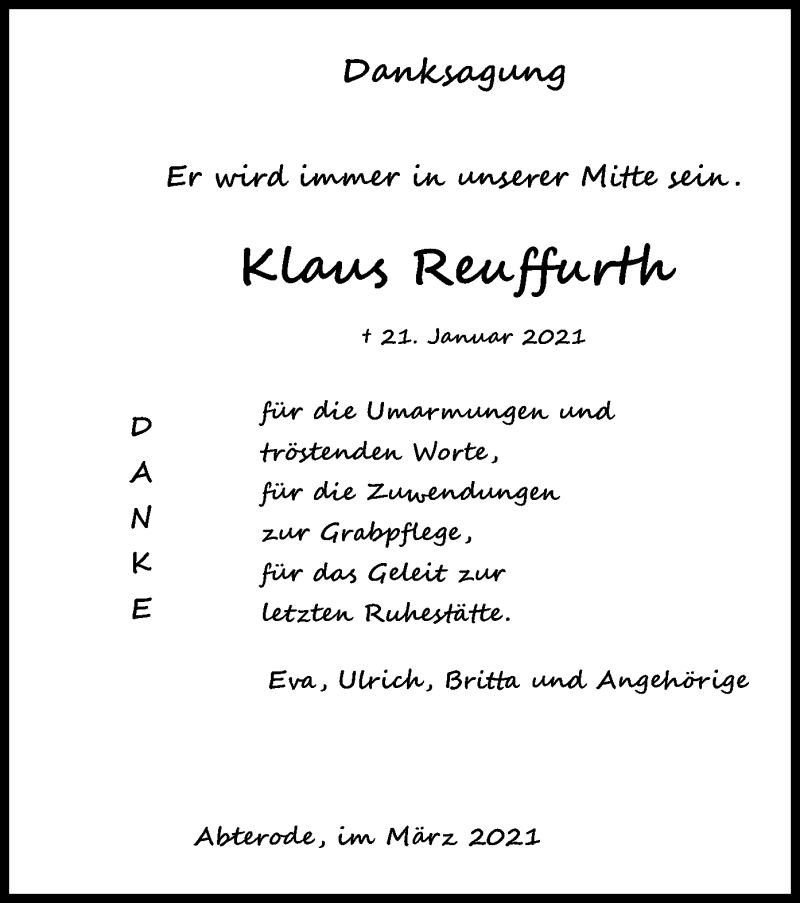  Traueranzeige für Klaus Reuffurth vom 10.03.2021 aus WRS