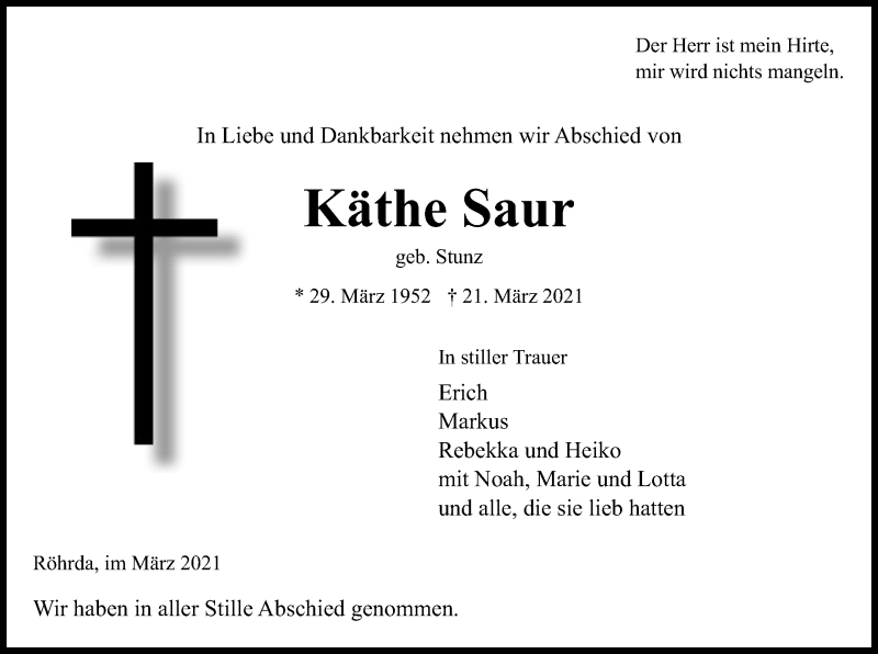 Traueranzeige für Käthe Saur vom 27.03.2021 aus WRS