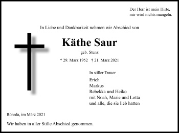 Traueranzeige von Käthe Saur von WRS