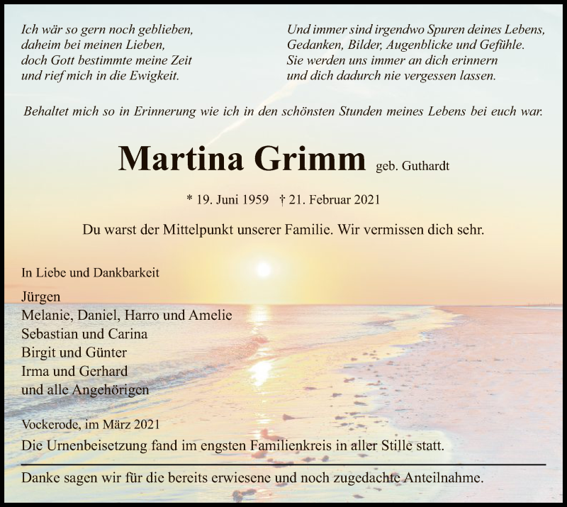  Traueranzeige für Martina Grimm vom 13.03.2021 aus WRS