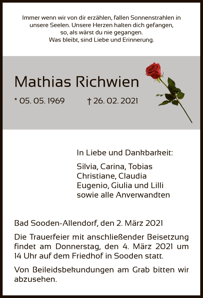  Traueranzeige für Mathias Richwien vom 02.03.2021 aus HNA