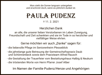 Traueranzeige von Paula Pudenz von WRS