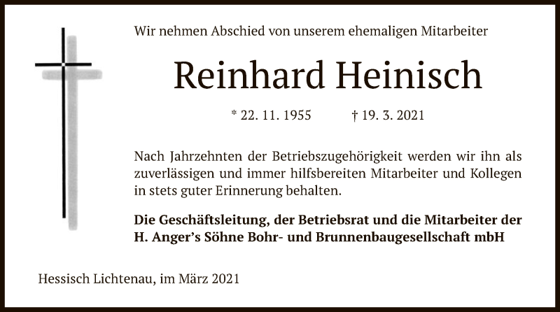  Traueranzeige für Reinhard Heinisch vom 29.03.2021 aus WRS