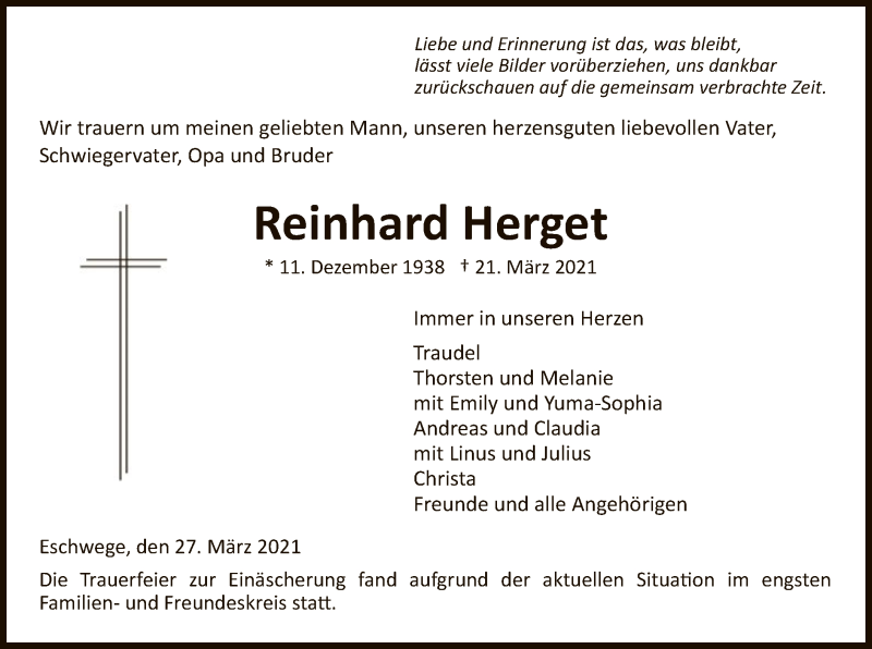  Traueranzeige für Reinhard Herget vom 27.03.2021 aus WRS