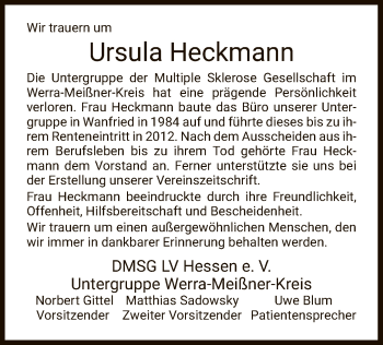 Traueranzeige von Ursula Heckmann von WRS