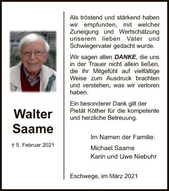 Traueranzeige von Walter Saame von WRS