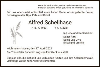 Traueranzeige von Alfred Schellhase von WRS