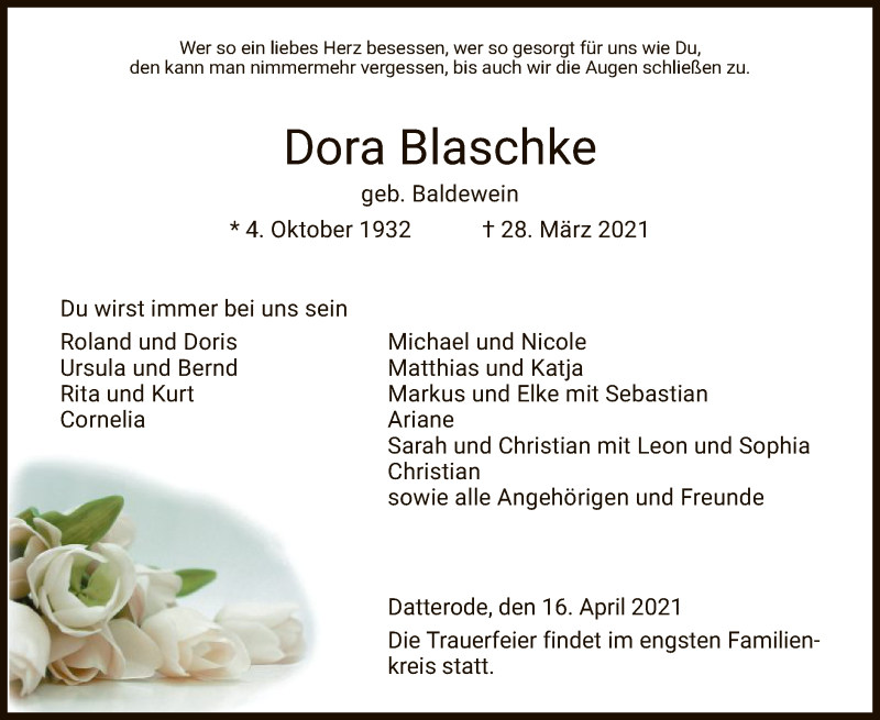  Traueranzeige für Dora Blaschke vom 16.04.2021 aus WRS