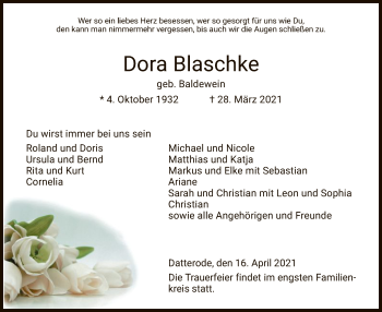 Traueranzeige von Dora Blaschke von WRS