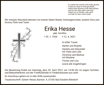 Traueranzeige von Erika Hesse von WRS