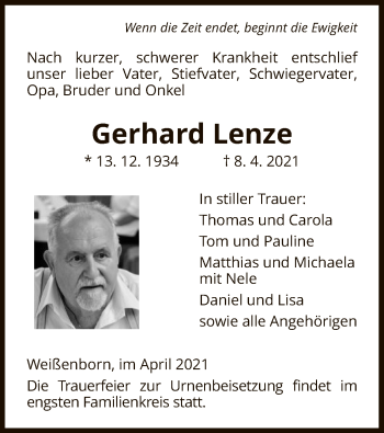 Traueranzeige von Gerhard Lenze von WRS