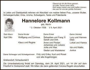 Traueranzeige von Hannelore Kollmann von WRS