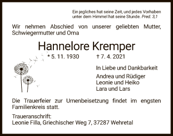 Traueranzeige von Hannelore Kremper von WRS