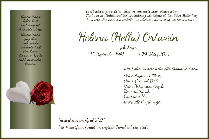  Traueranzeige für Helena Ortwein vom 03.04.2021 aus WRS