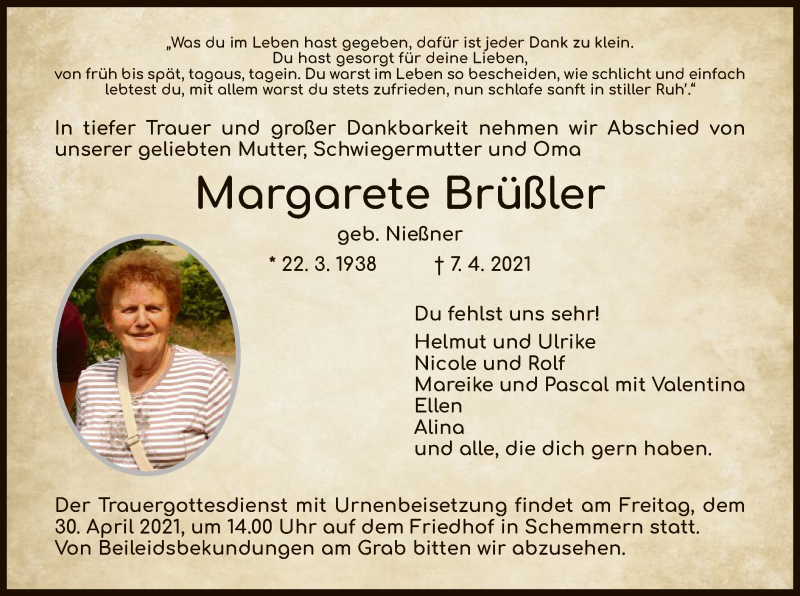  Traueranzeige für Margarete Brüßler vom 17.04.2021 aus WRS