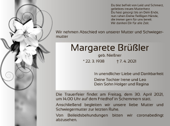 Traueranzeige von Margarete Brüßler von WRS