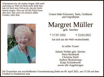 Traueranzeige von Margret Müller von WRS