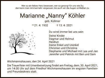 Traueranzeige von Marianne Köhler von WRS