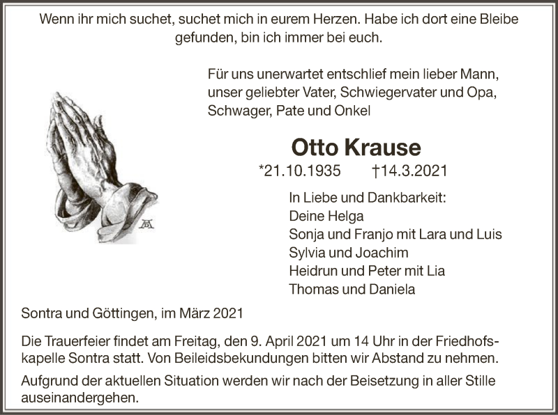  Traueranzeige für Otto Krause vom 03.04.2021 aus WRS