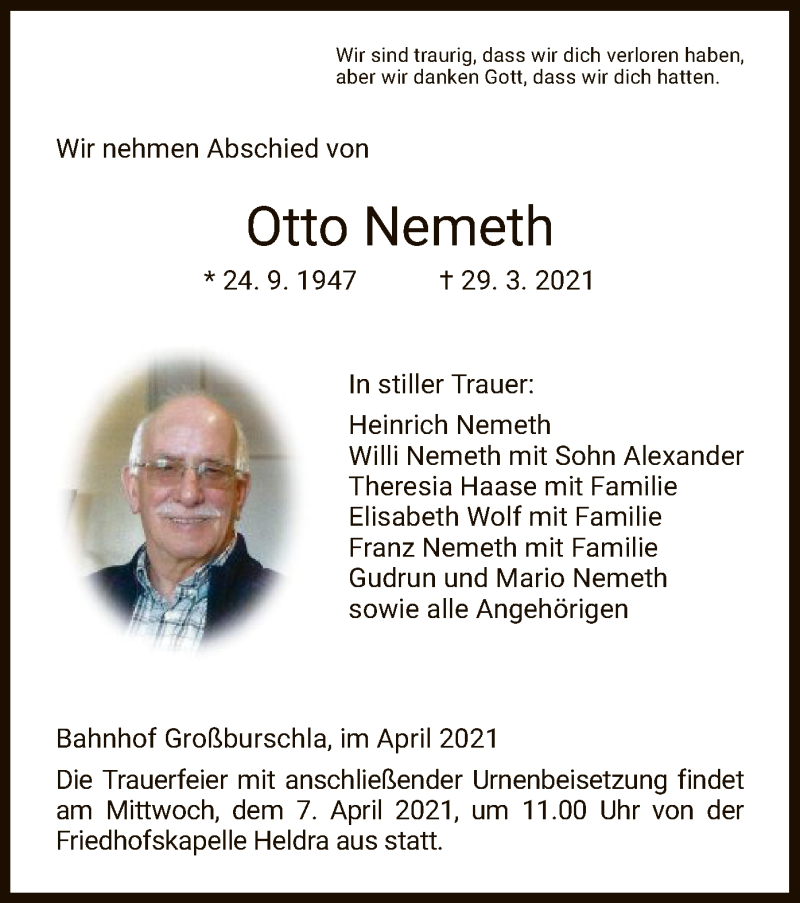  Traueranzeige für Otto Nemeth vom 03.04.2021 aus WRS