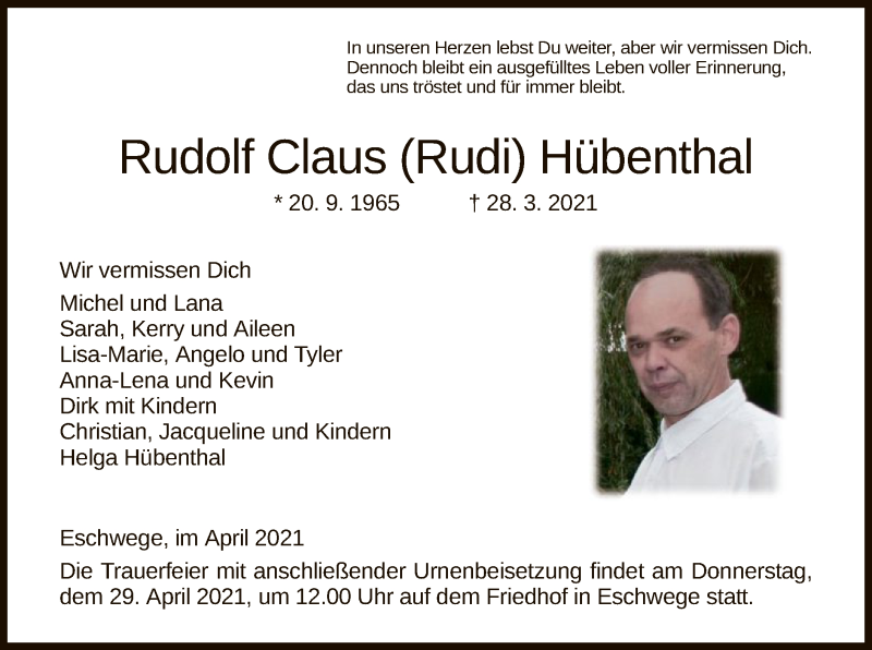  Traueranzeige für Rudolf Claus  Hübenthal vom 24.04.2021 aus WRS