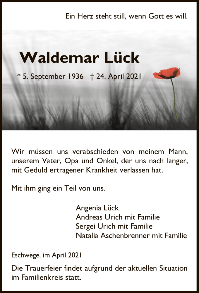  Traueranzeige für Waldemar Lück vom 30.04.2021 aus WRS