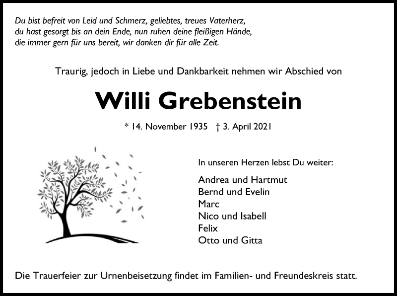  Traueranzeige für Willi Grebenstein vom 10.04.2021 aus WRS