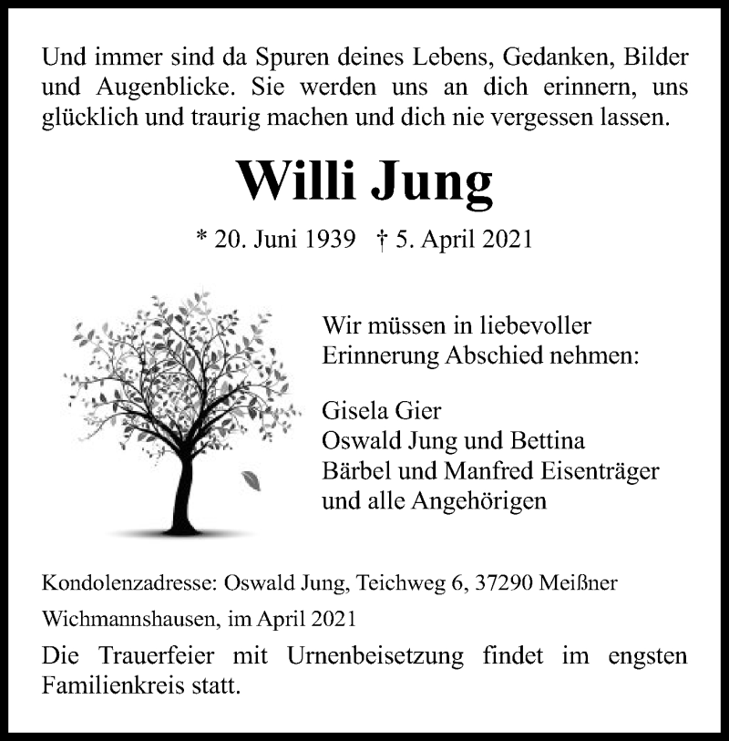  Traueranzeige für Willi Jung vom 10.04.2021 aus WRS