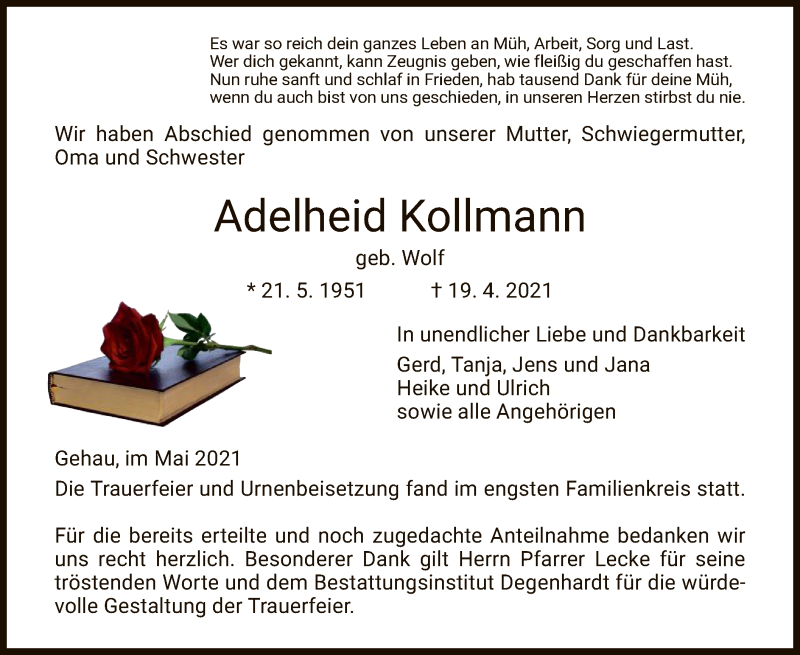  Traueranzeige für Adelheid Kollmann vom 08.05.2021 aus WRS