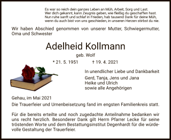 Traueranzeige von Adelheid Kollmann von WRS