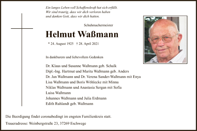  Traueranzeige für Helmut Waßmann vom 01.05.2021 aus WRS