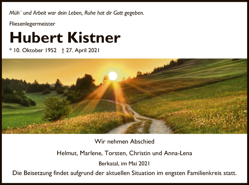  Traueranzeige für Hubert Kistner vom 08.05.2021 aus WRS