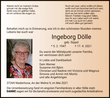 Traueranzeige von Ingeborg Dölle von WRS