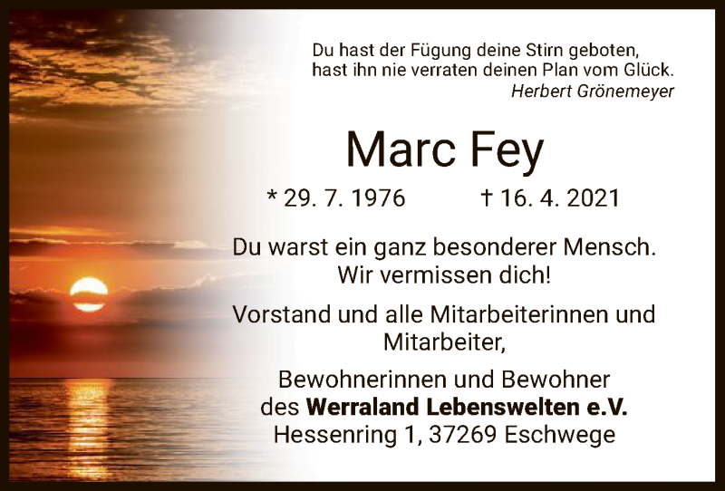  Traueranzeige für Marc Fey vom 07.05.2021 aus WRS