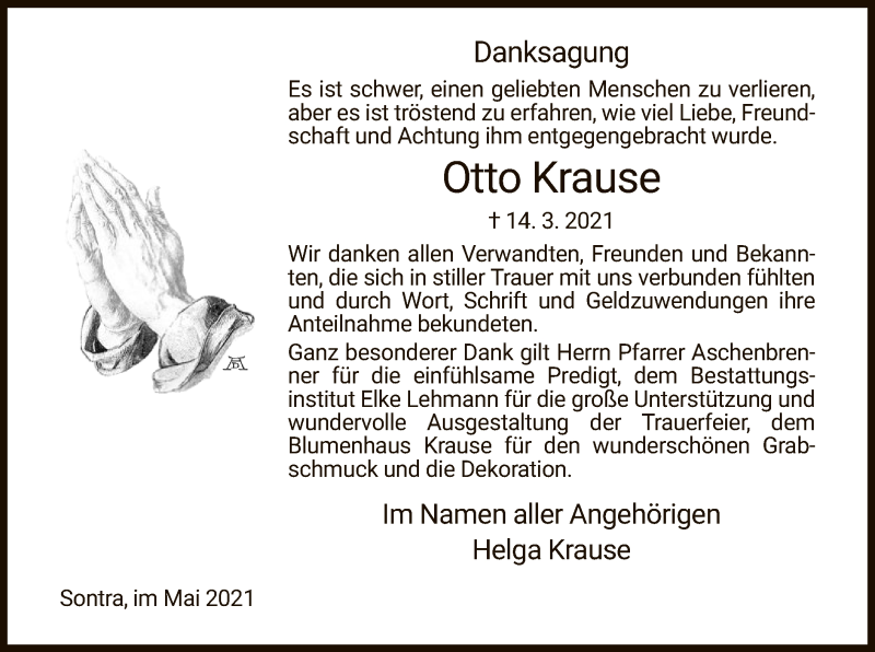  Traueranzeige für Otto Krause vom 01.05.2021 aus WRS