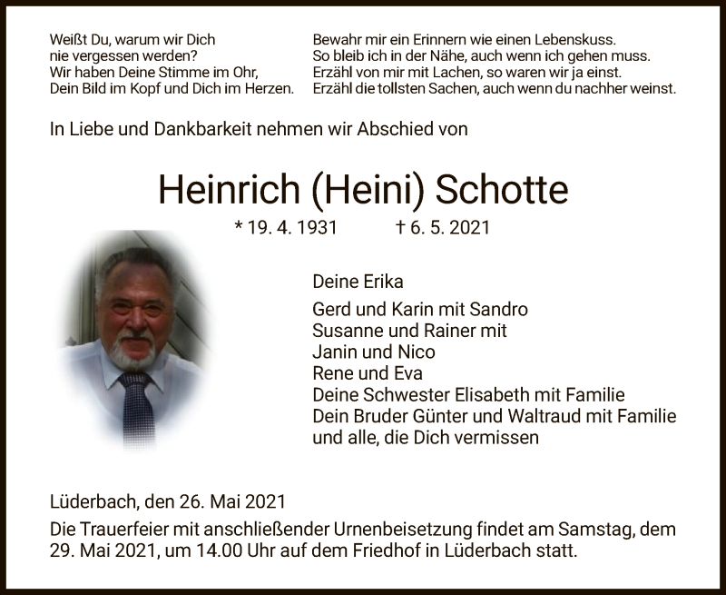  Traueranzeige für Heinrich Schotte vom 26.05.2021 aus WRS