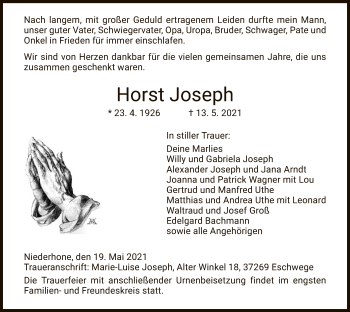 Traueranzeige von Horst Joseph von WRS