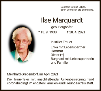 Traueranzeige von Ilse Marquardt von WRS