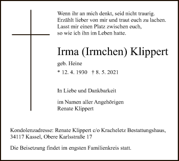 Traueranzeige von Irma Klippert von HNA