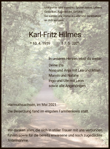 Traueranzeige von Karl-Fritz Hilmes von WRS