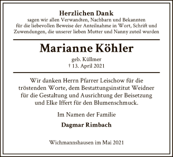 Traueranzeige von Marianne Köhler von WRS