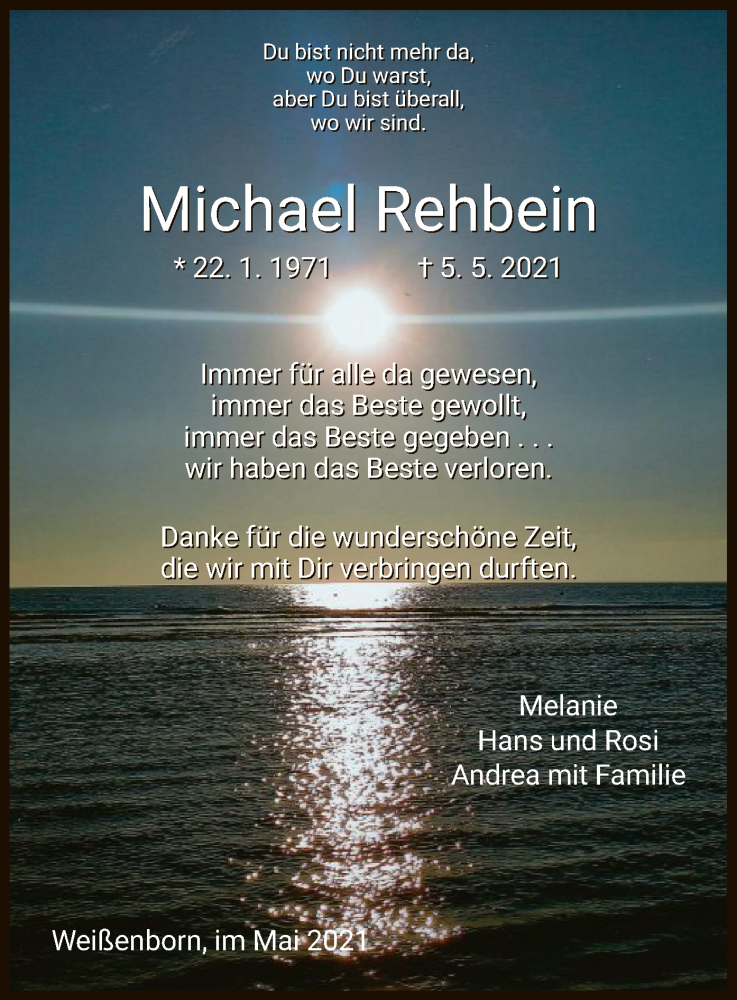  Traueranzeige für Michael Rehbein vom 25.05.2021 aus WRS