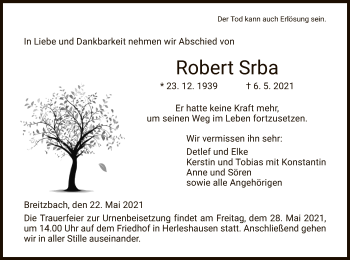 Traueranzeige von Robert Srba von WRS