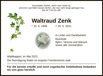 Traueranzeige von Waltraud Zenk von WRS