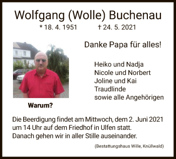 Traueranzeige von Wolfgang  Buchenau von WRS