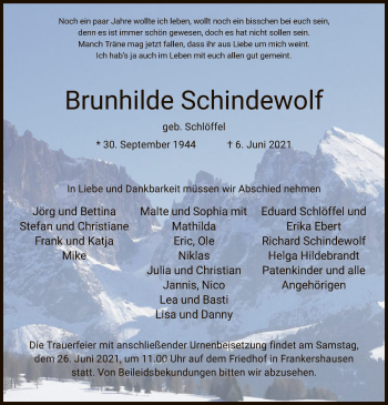 Traueranzeige von Brunhilde Schindewolf von WRS