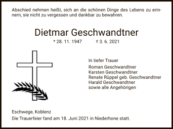 Traueranzeige von Dietmar Geschwandtner von WRS