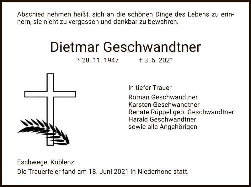  Traueranzeige für Dietmar Geschwandtner vom 19.06.2021 aus WRS