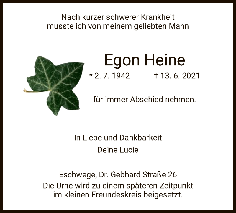  Traueranzeige für Egon Heine vom 19.06.2021 aus WRS
